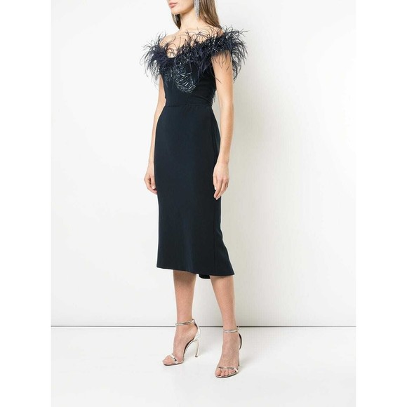 MARCHESA Navy Blue Ostrich Feather Beaded Off Shoulder Fluted Hem Dress 8 M NEW - Picture 10 of 12